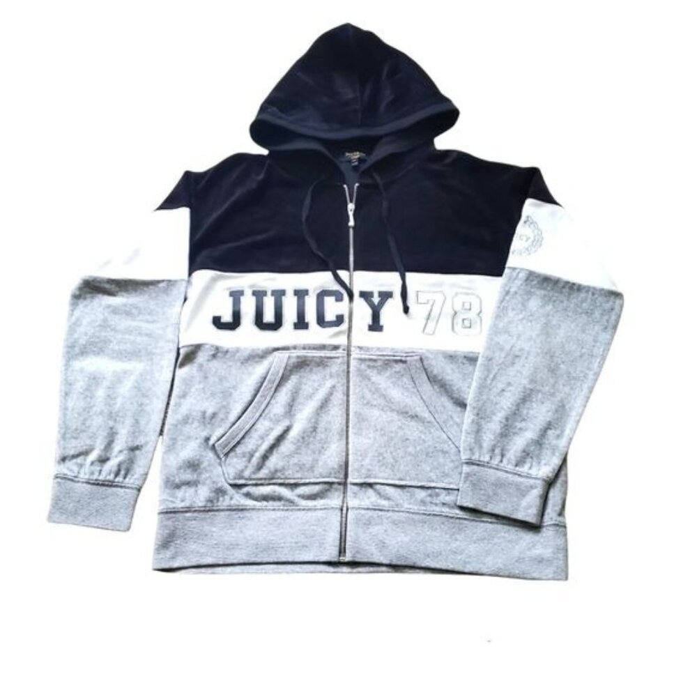 Juicy Couture womens hoodie Jacket‎ Pitch Black Sz Medium zip pockets colorblock